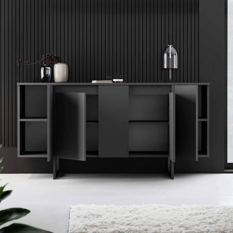 4-türiges Büfett aus Metall und grauem Melamin