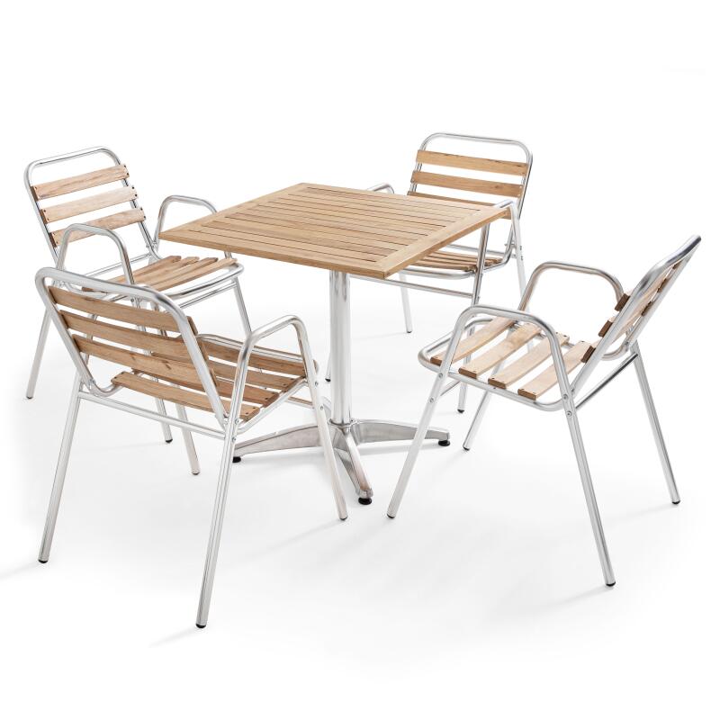 Quadratischer Tisch 70 x 70 cm und 4 Stühle mit Armlehnen aus Holz und Aluminium 