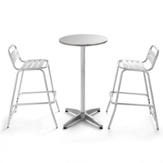 Runder Bartisch mit einem Durchmesser von 60 cm und 2 hohen Aluminiumstühlen