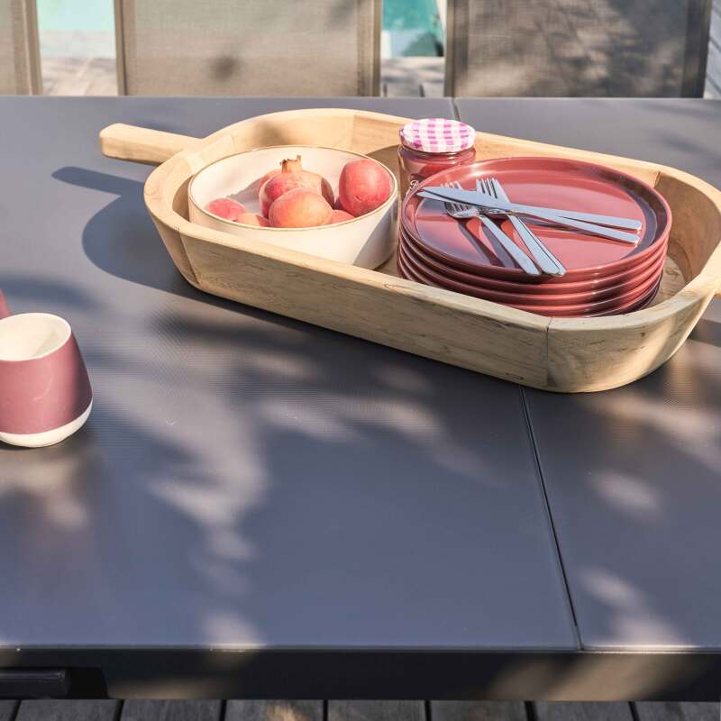 Rechteckiger, erweiterbarer Gartentisch (320 x 100 x 76 cm) aus grauem Aluminium