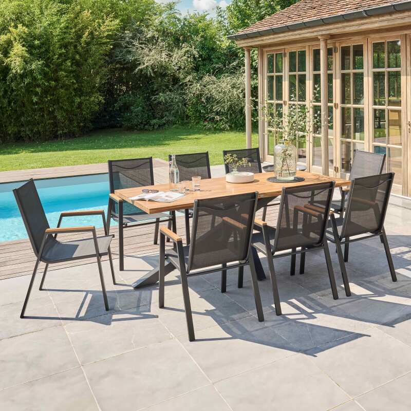 Rechteckiger Gartentisch 200 x 75 cm aus Aluminium und Akazienholz (5/6)