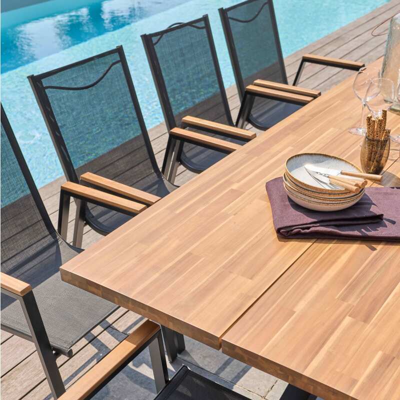 Rechteckiger Gartentisch 200 x 75 cm aus Aluminium und Akazienholz