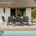 Rechteckiger Gartentisch 200 x 75 cm aus Aluminium und Akazienholz und 8 Stühle mit Armlehnen