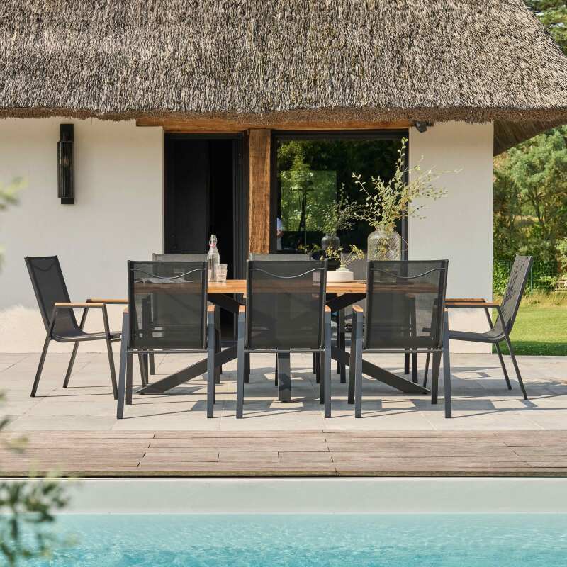 Rechteckiger Gartentisch 200 x 75 cm aus Aluminium und Akazienholz und 8 Stühle mit Armlehnen