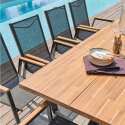 Rechteckiger Gartentisch 240 x 75 cm aus Aluminium und Akazienholz und 10 Stühle mit Armlehnen