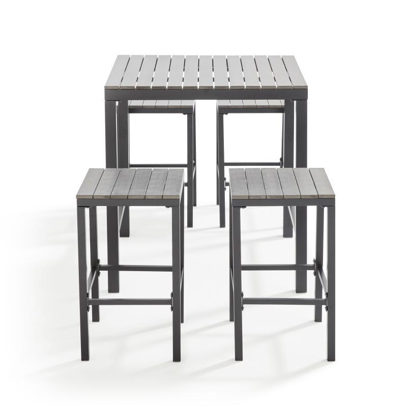 Hoher Gartentisch 90 x 80 cm aus Aluminium und Polywood mit 4 Hockern