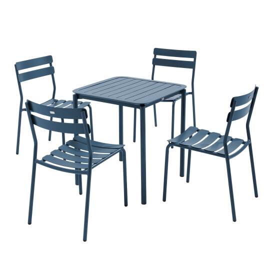 Quadratischer Terrassentisch 70 x 70 cm und 4 Aluminiumstühle