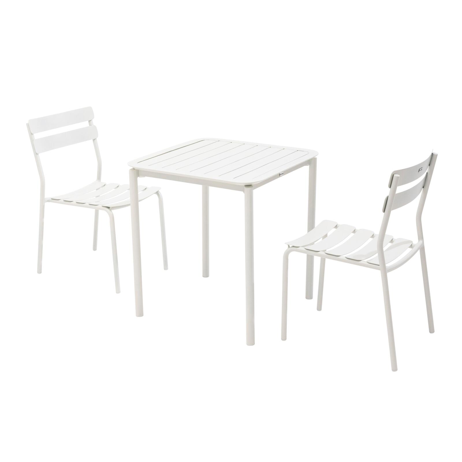 Quadratischer Terrassentisch 70 x 70 cm und 2 Aluminiumstühle