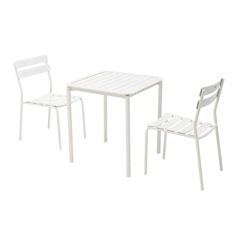 Quadratischer Terrassentisch 70 x 70 cm und 2 Aluminiumstühle