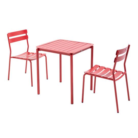 Quadratischer Terrassentisch 70 x 70 cm und 2 Aluminiumstühle