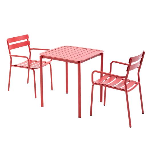 Quadratischer Terrassentisch 70 x 70 cm und 2 Stühle mit Aluminium-Armlehnen