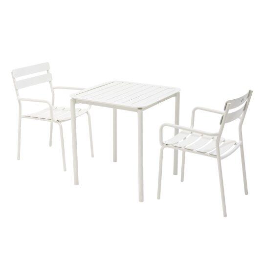 Quadratischer Gartentisch aus Aluminium, 70x70 cm, und 2 Stühle mit Armlehnen | Oviala