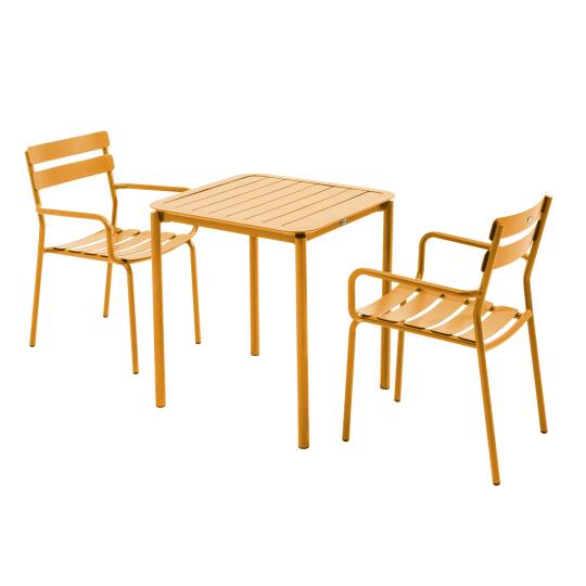Quadratischer Terrassentisch 70 x 70 cm und 2 Stühle mit Aluminium-Armlehnen