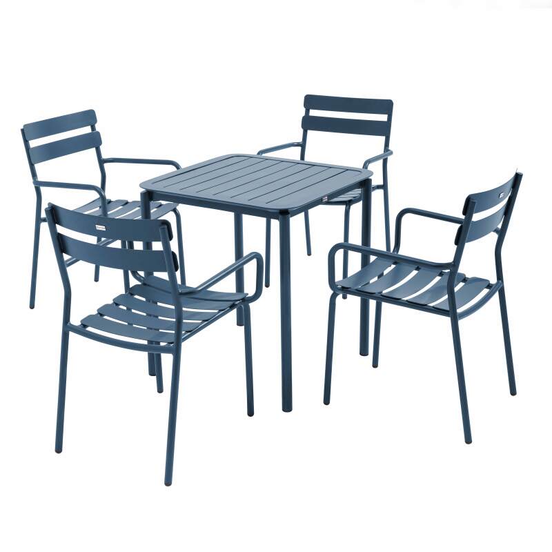Quadratischer Terrassentisch 70 x 70 cm und 4 Stühle mit Aluminiumarmlehnen