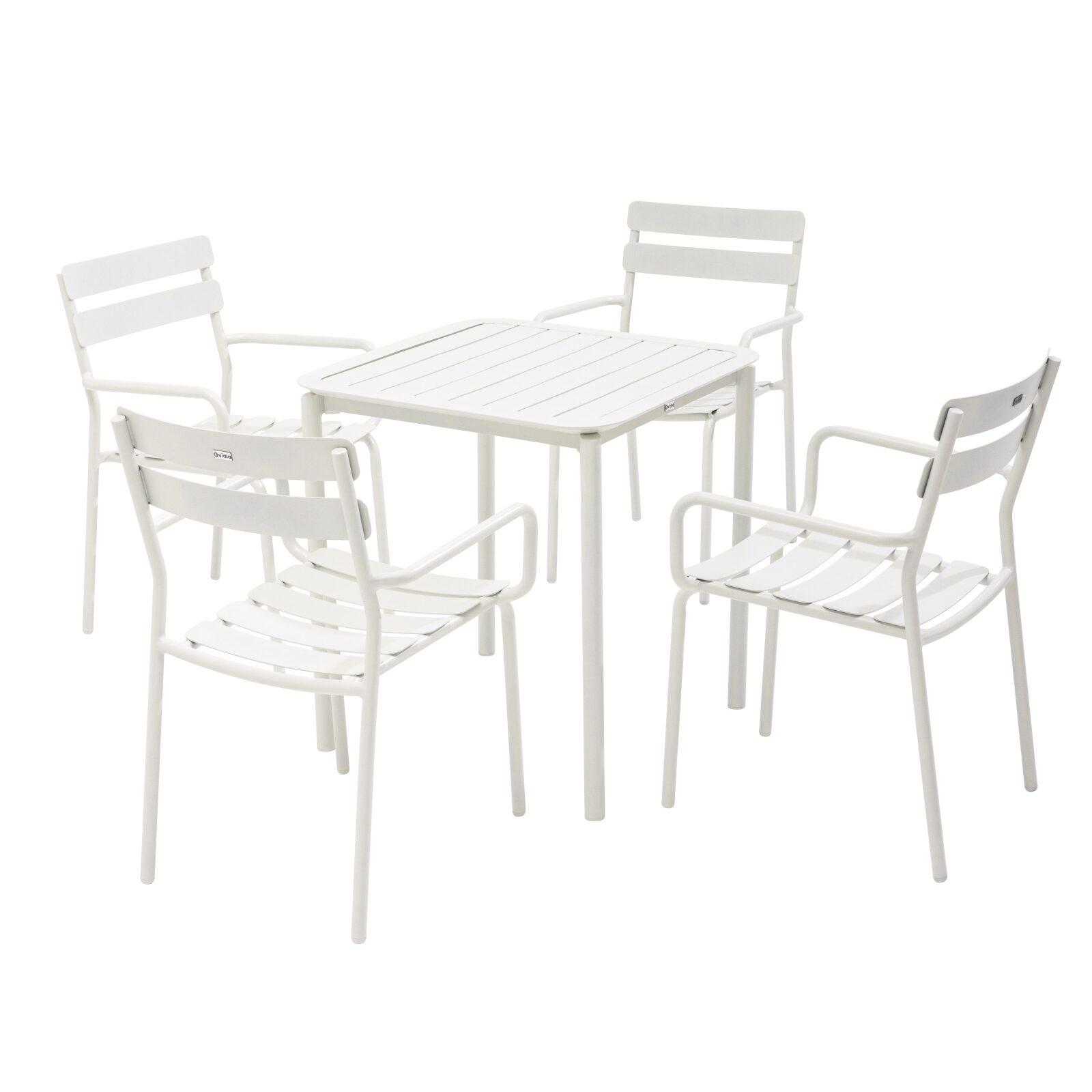Quadratischer Terrassentisch 70 x 70 cm und 4 Stühle mit Aluminiumarmlehnen