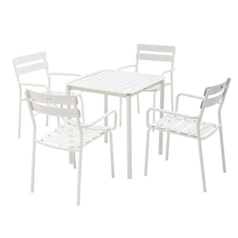 Quadratischer Terrassentisch 70 x 70 cm und 4 Stühle mit Aluminiumarmlehnen