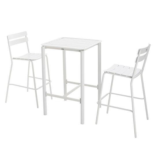 Garten-Hochtisch quadratisch, aus Aluminium, 70x70 cm, und 2 Hochstühle | Oviala