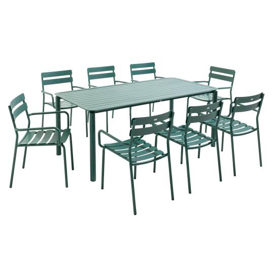 Rechteckiger Terrassentisch 185 x 92 cm und 8 Stühle mit Aluminiumarmlehnen
