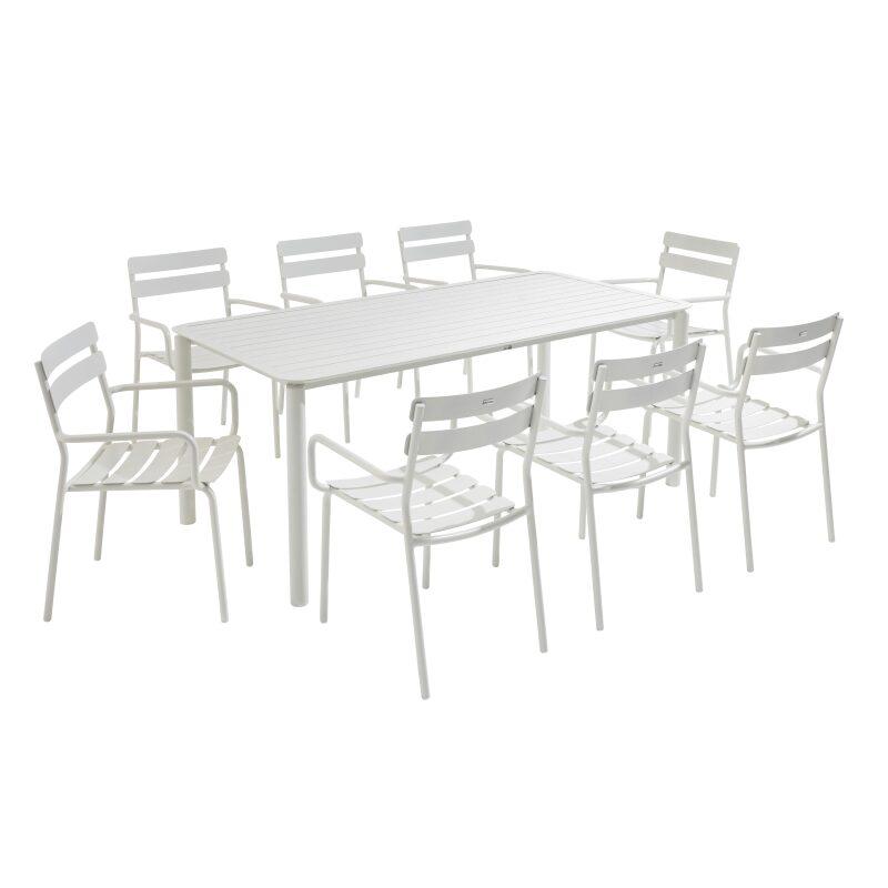 Rechteckiger Terrassentisch 185 x 92 cm und 8 Stühle mit Aluminiumarmlehnen