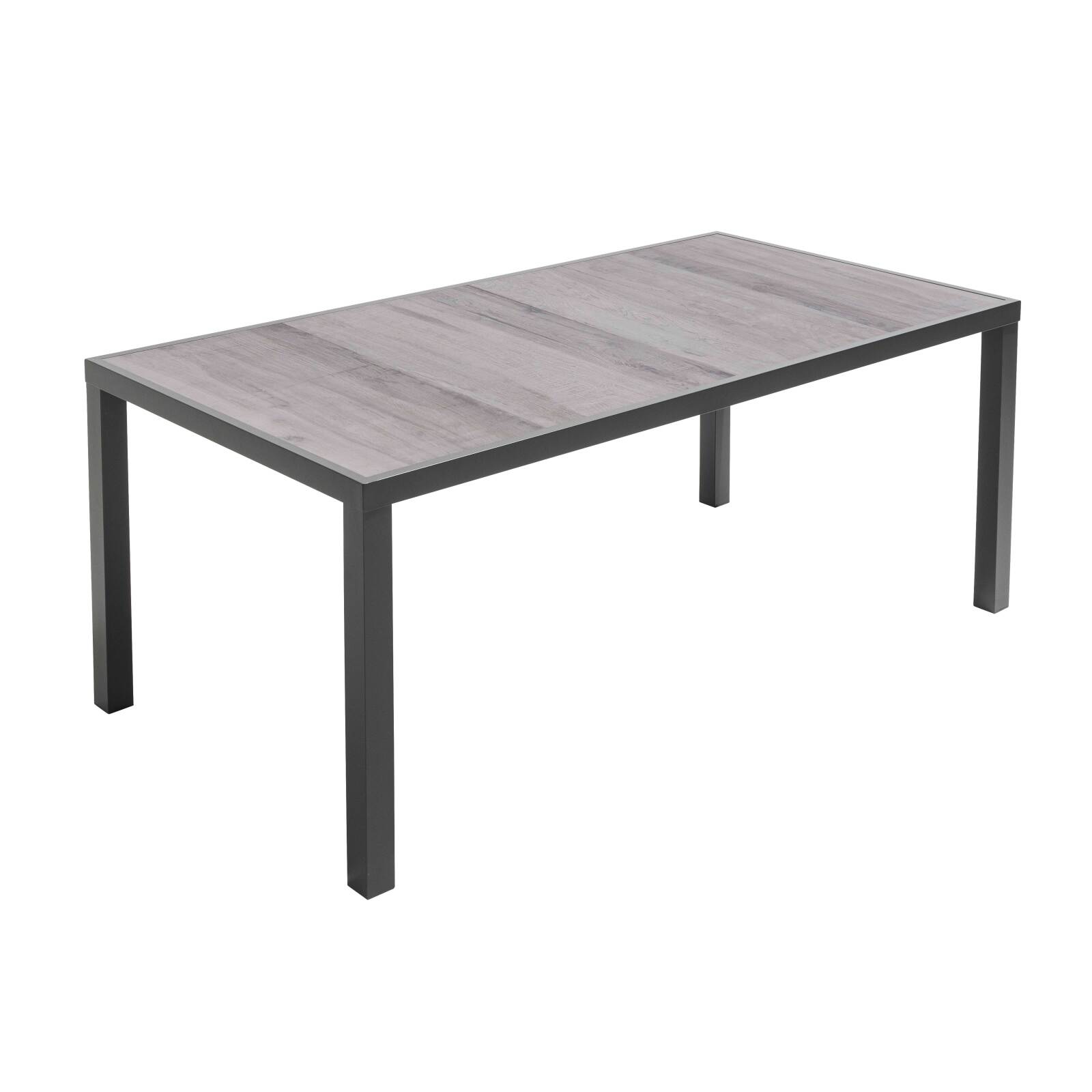 Rechteckiger Gartentisch mit Keramikplatte in Holzoptik in der Größe von 185 x 95 cm, 6 Stühle und 2 Stühle mit Armlehnen Rechteckiger Gartentisch mit Keramikplatte in Holzoptik in der Größe von 185 x 95 cm, 6 Stühle und 2 Stühle mit Armlehnen