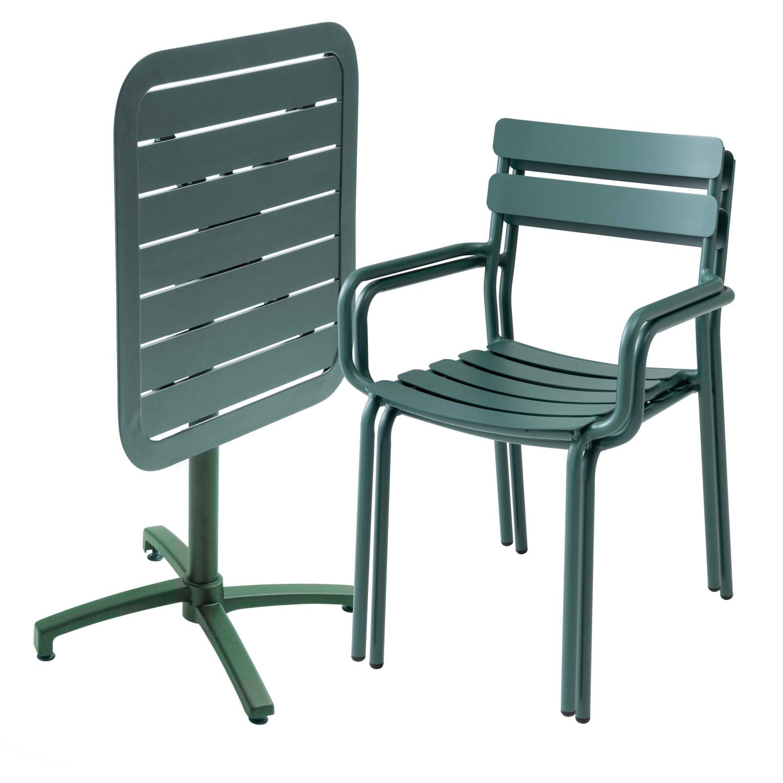 70 x 70 cm großer, verstellbarer Aluminium-Terrassentisch und 2 Stühle mit Armlehnen