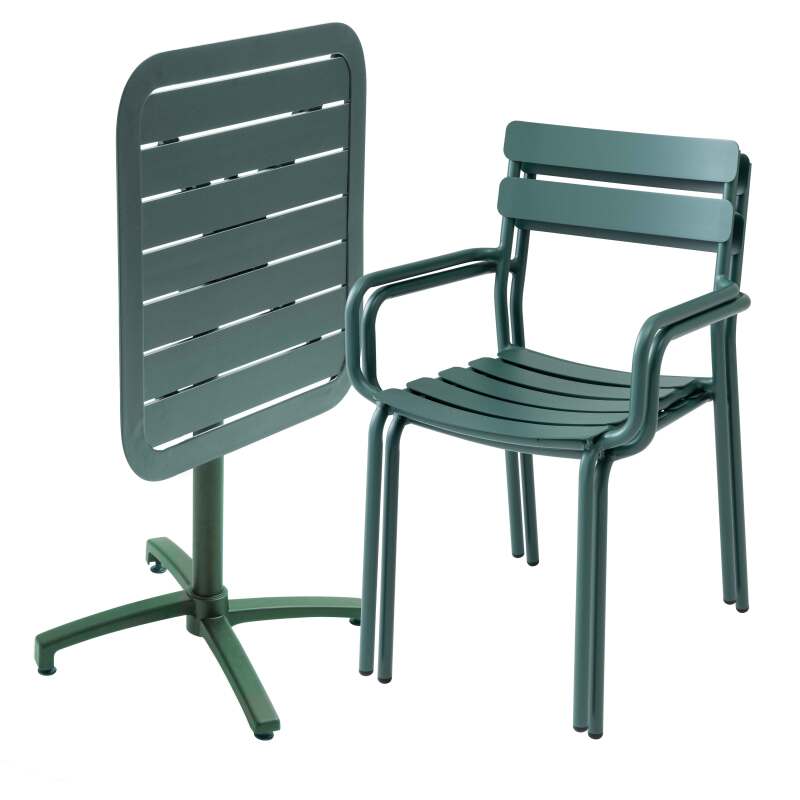 70 x 70 cm großer, verstellbarer Aluminium-Terrassentisch und 2 Stühle mit Armlehnen