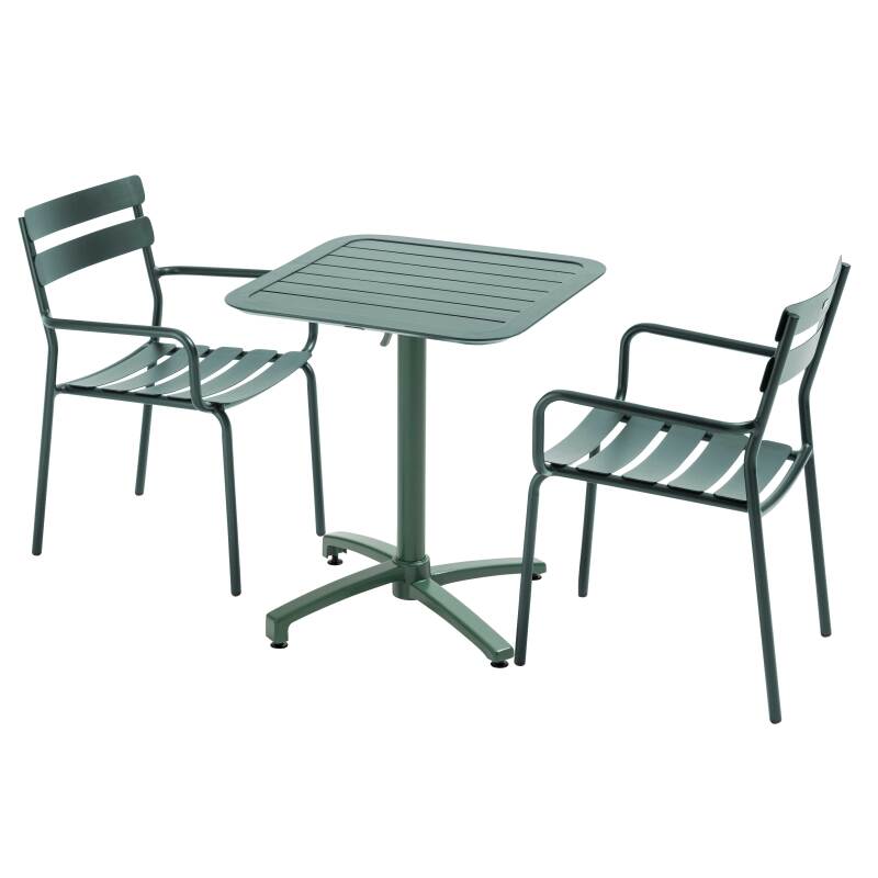 70 x 70 cm großer, verstellbarer Aluminium-Terrassentisch und 2 Stühle mit Armlehnen