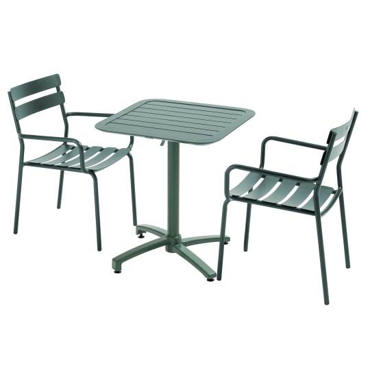 70 x 70 cm großer, verstellbarer Aluminium-Terrassentisch und 2 Stühle mit Armlehnen