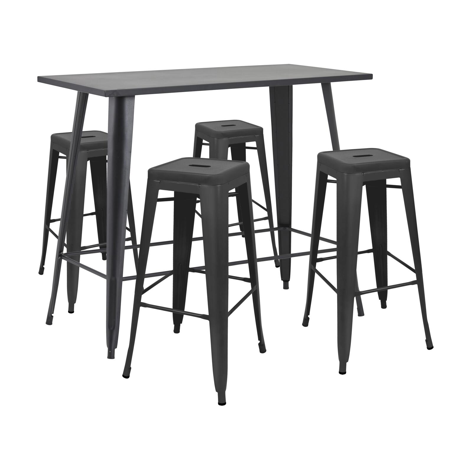 Hochgartentisch 120 x 60 cm und 4 Hocker aus mattem schwarzem Metall 