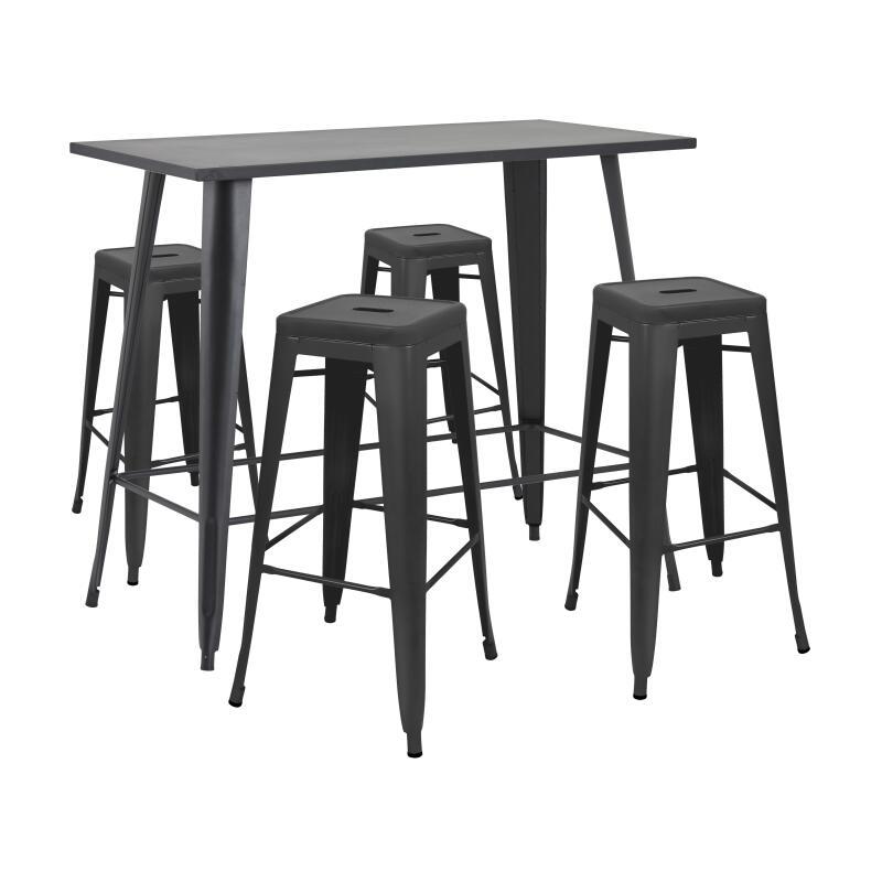 Hochgartentisch 120 x 60 cm und 4 Hocker aus mattem schwarzem Metall