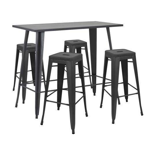 Hochgartentisch und 4 Matt Black Metall Stools | Oviala