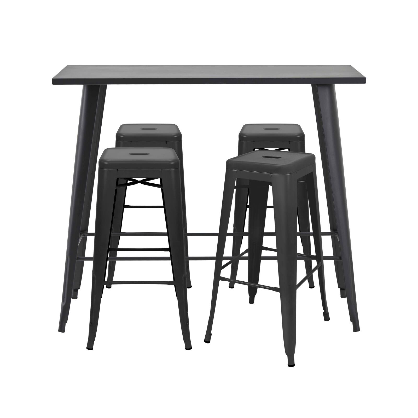 Hochgartentisch 120 x 60 cm und 4 Hocker aus mattem schwarzem Metall  Hochgartentisch 120 x 60 cm und 4 Hocker aus mattem schwarzem Metall