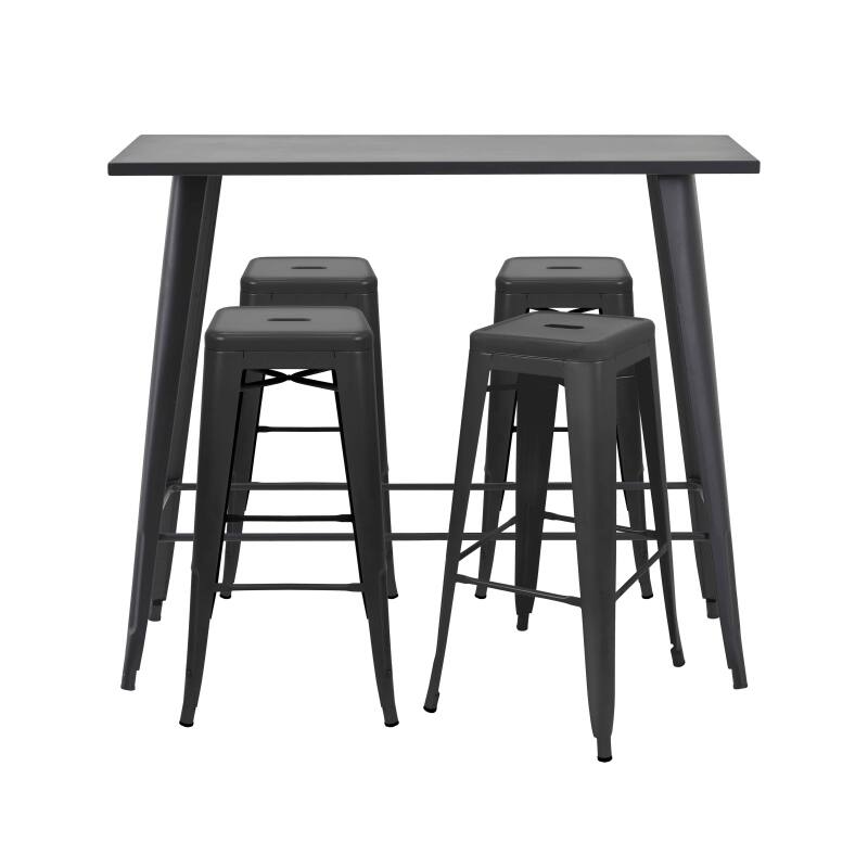 Hochgartentisch 120 x 60 cm und 4 Hocker aus mattem schwarzem Metall 
