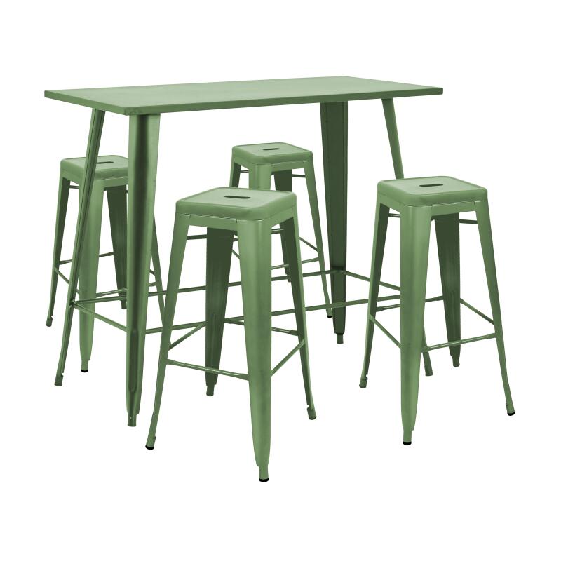 Hochgartentisch 120 x 60 cm und 4 Hocker aus mattem schwarzem Metall 