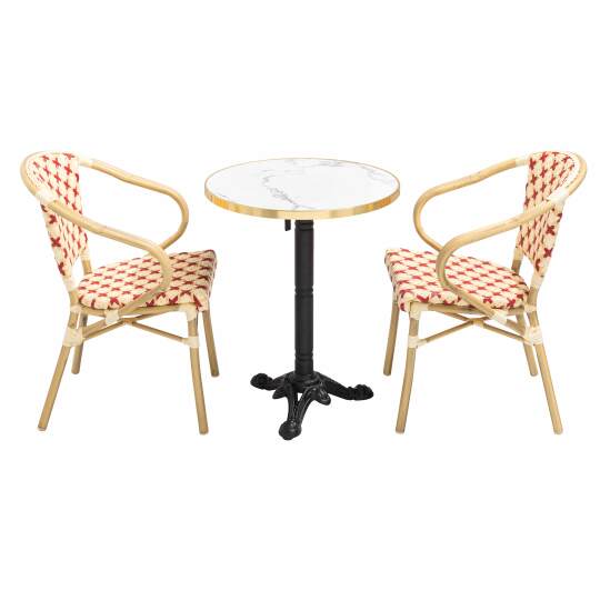 Quadratischer Terrassentisch aus Sperrholz mit Aluminiumkante ⌀60 cm und 2 Stühlen im Pariser Bistrostil