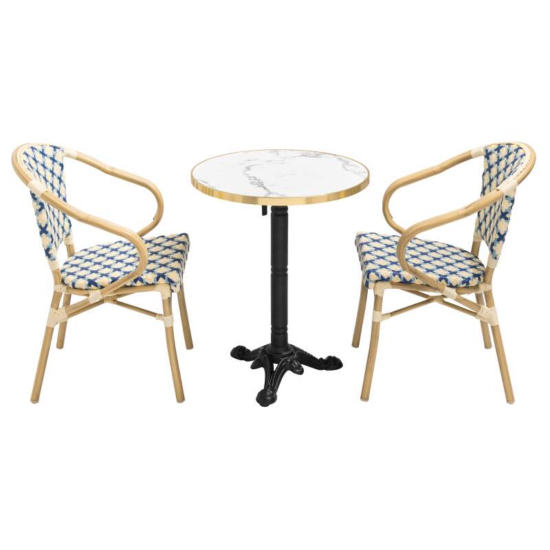 Quadratischer Terrassentisch aus Sperrholz mit Aluminiumkante ⌀60 cm und 2 Stühlen im Pariser Bistrostil