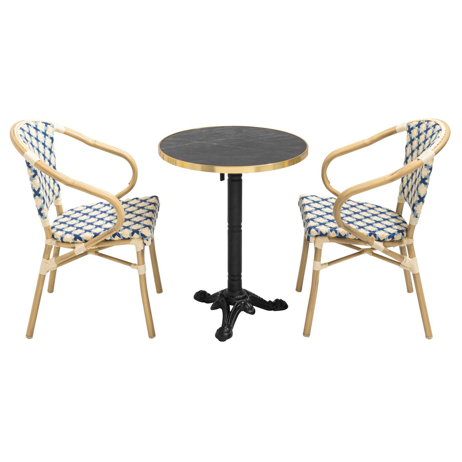 Quadratischer Terrassentisch aus Sperrholz mit Aluminiumkante ⌀60 cm und 2 Stühlen im Pariser Bistrostil