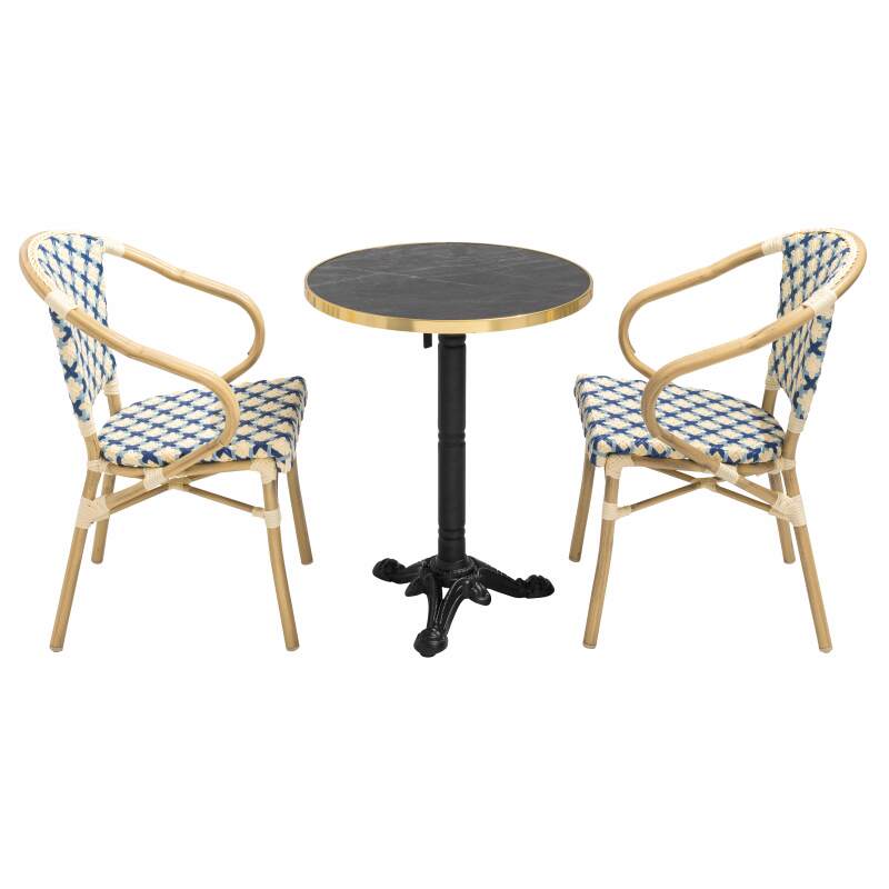 Quadratischer Terrassentisch aus Sperrholz mit Aluminiumkante ⌀60 cm und 2 Stühlen im Pariser Bistrostil
