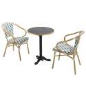 Quadratischer Terrassentisch aus Sperrholz mit Aluminiumkante ⌀60 cm und 2 Stühlen im Pariser Bistrostil