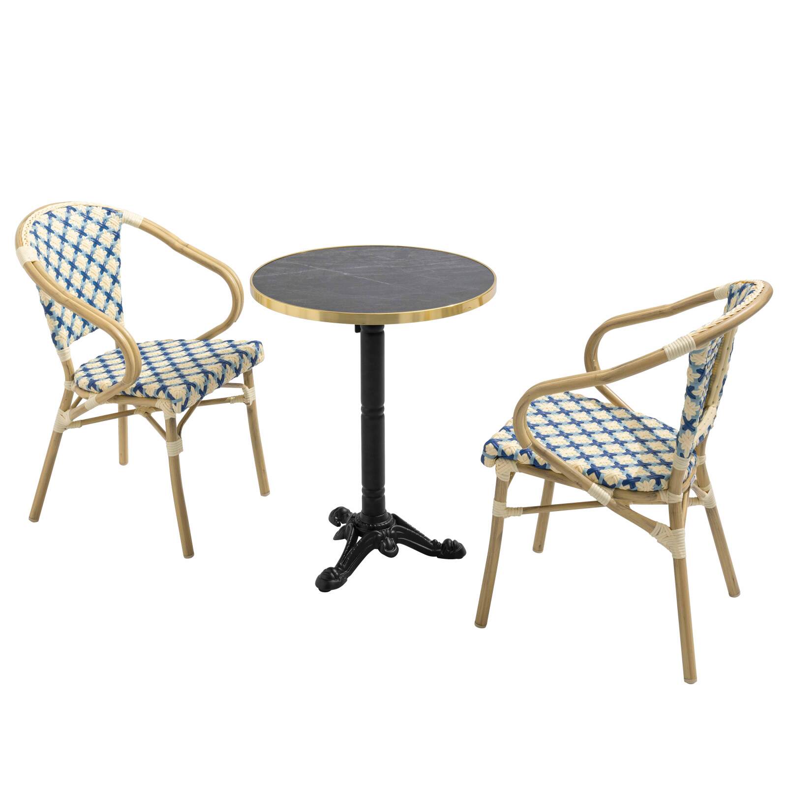 Quadratischer Terrassentisch aus Sperrholz mit Aluminiumkante ⌀60 cm und 2 Stühlen im Pariser Bistrostil