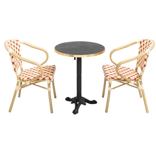 Quadratischer Terrassentisch aus Sperrholz mit Aluminiumkante ⌀60 cm und 2 Stühlen im Pariser Bistrostil