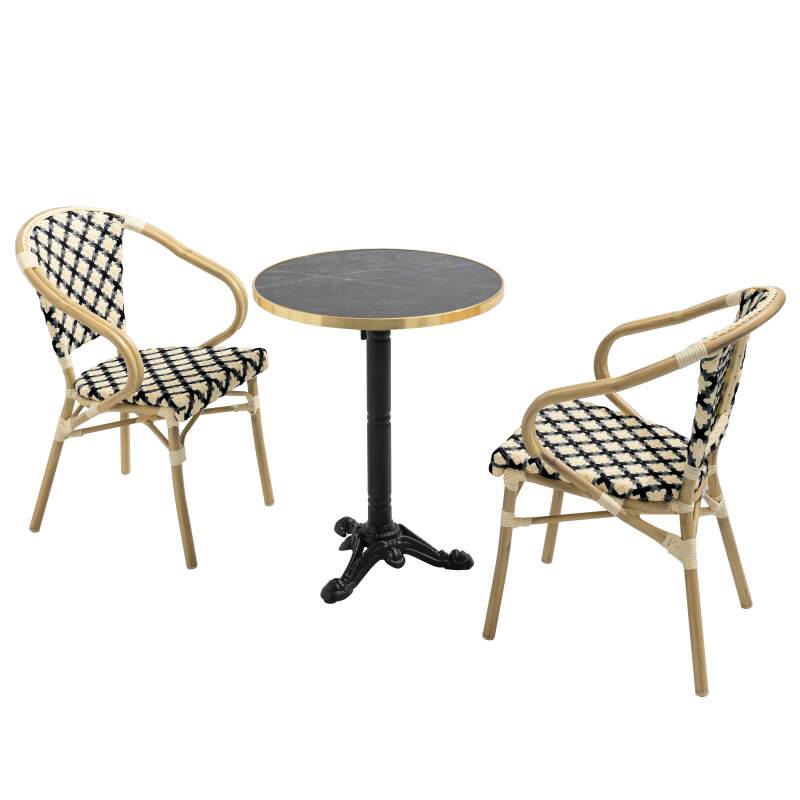 Quadratischer Terrassentisch aus Sperrholz mit Aluminiumkante ⌀60 cm und 2 Stühlen im Pariser Bistrostil