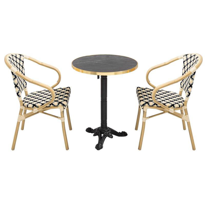 Quadratischer Terrassentisch aus Sperrholz mit Aluminiumkante ⌀60 cm und 2 Stühlen im Pariser Bistrostil