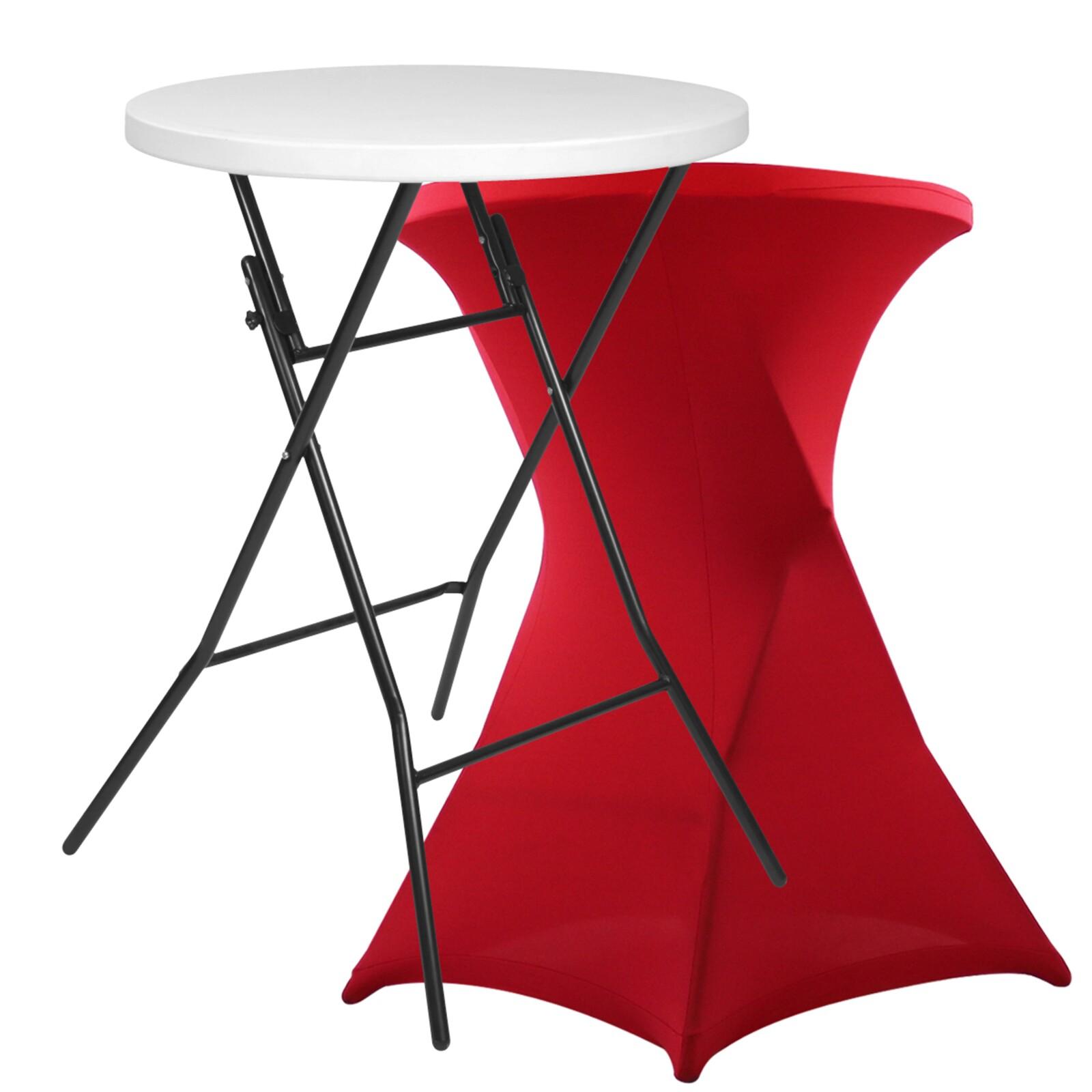Klappbarer Stehtisch und rote Abdeckung Klappbarer Stehtisch und rote Abdeckung