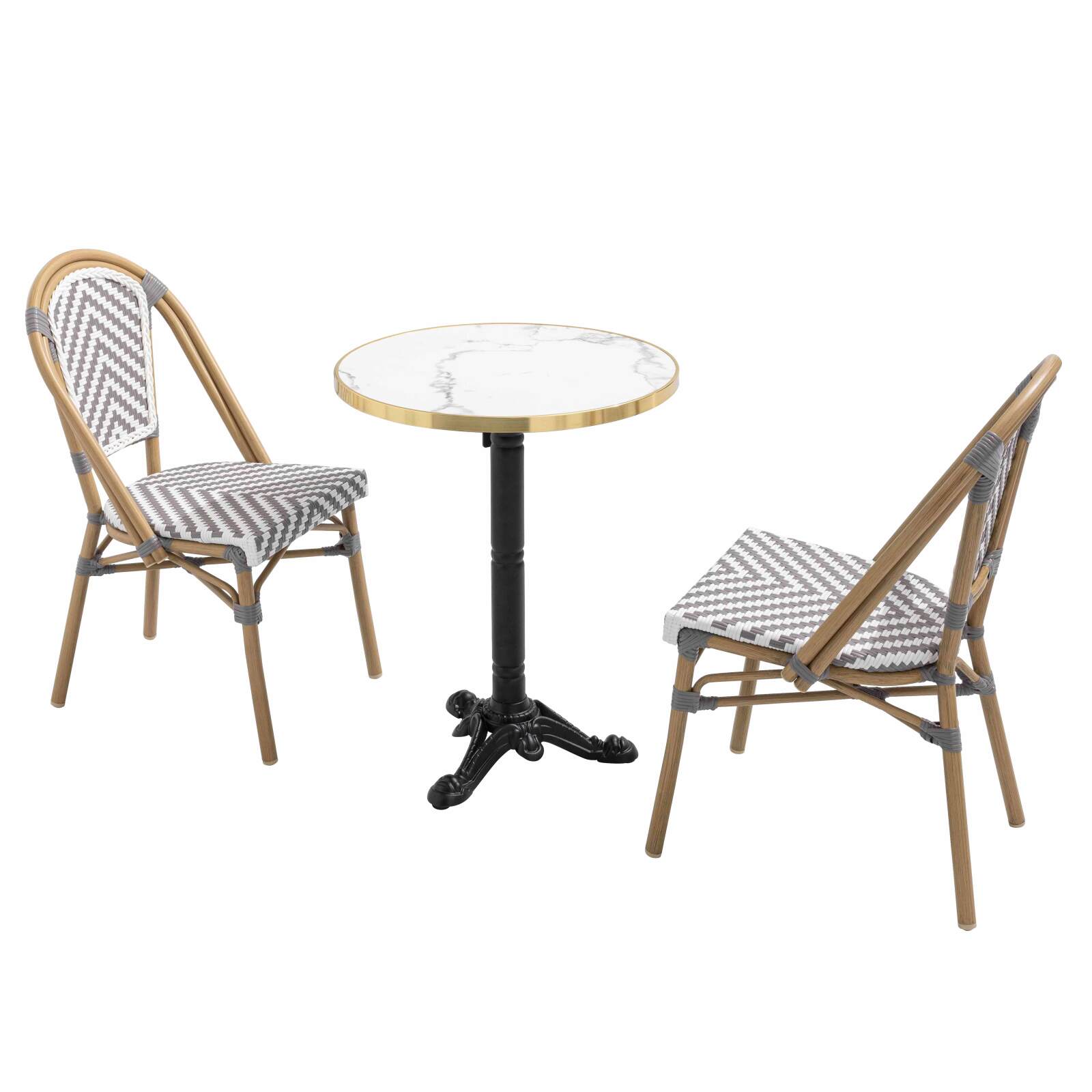 Terrassentisch ⌀60 cm, laminiert und 2 Aluminiumstühle im Bistrostil 