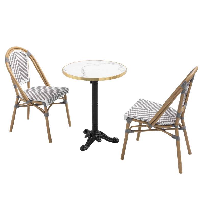 Terrassentisch ⌀60 cm, laminiert und 2 Aluminiumstühle im Bistrostil 