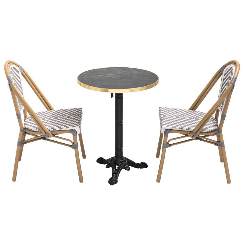 Terrassentisch ⌀60 cm, laminiert und 2 Aluminiumstühle im Bistrostil 