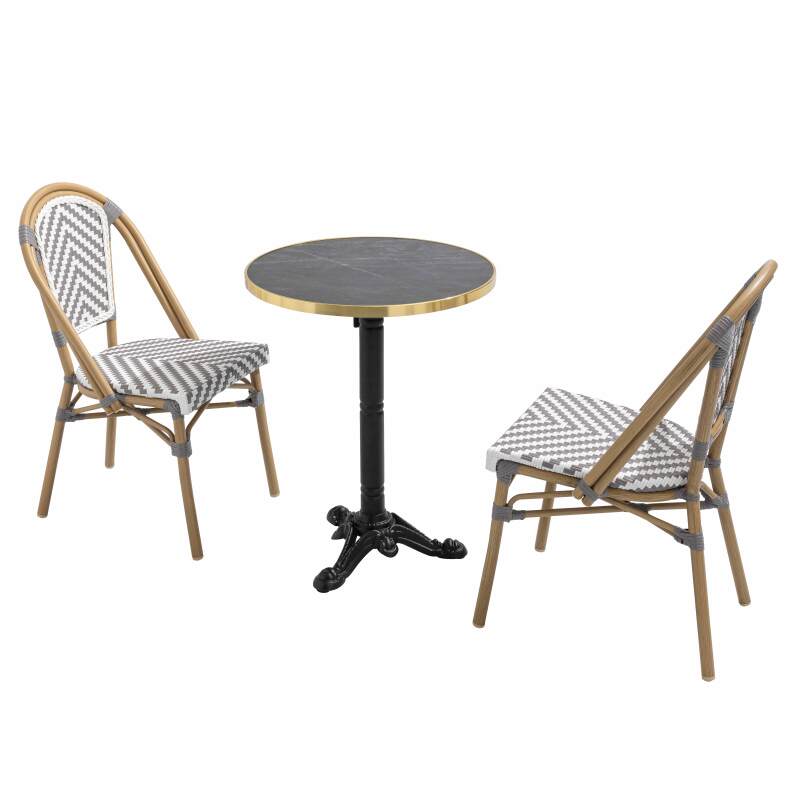 Terrassentisch ⌀60 cm, laminiert und 2 Aluminiumstühle im Bistrostil