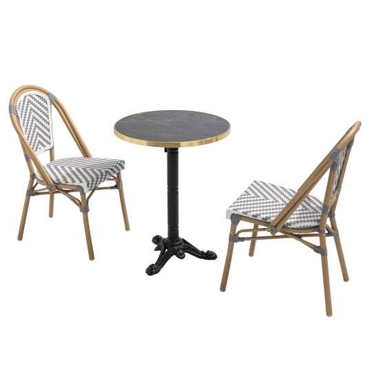 Terrassentisch ⌀60 cm, laminiert und 2 Aluminiumstühle im Bistrostil 