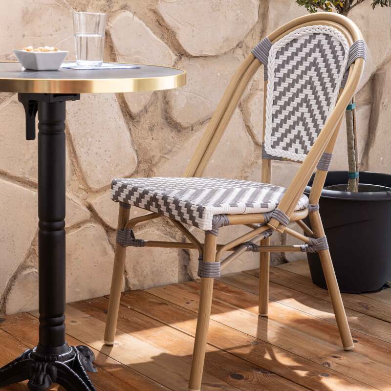 Terrassentisch ⌀60 cm, laminiert und 2 Aluminiumstühle im Bistrostil 